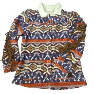 Yellowstone Women's Medium Aztec Western‎ Fleece Sherpa Lined Jacket With Fringe